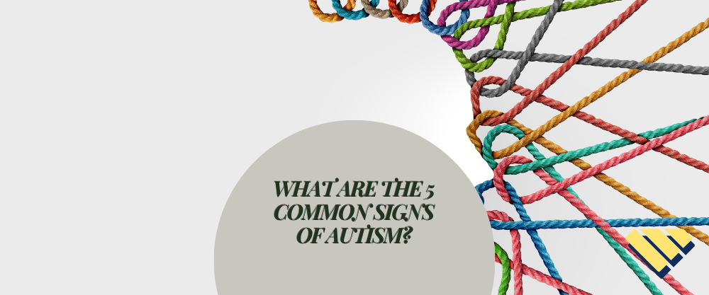 Interwoven colorful ropes beside the title “What are the 5 Common Signs of Autism?” and the Blue Gems logo.